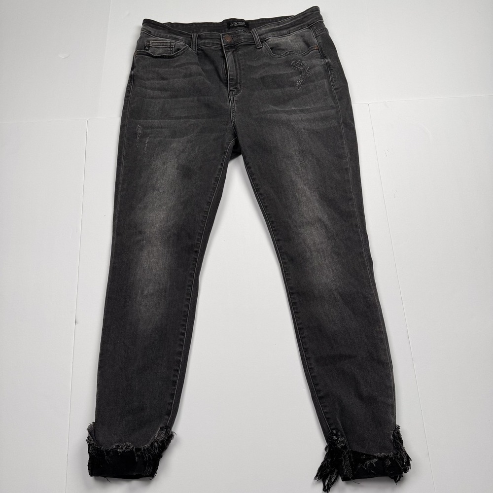Judy Blue Jeans Womens 15/32 (32x27) Black Gray Skinny Fit Distressed Raw Hem